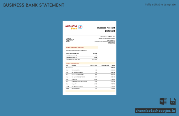 Induslnd Organisation Kontoauszug im Word- und PDF-Format (Beispielvorschau)